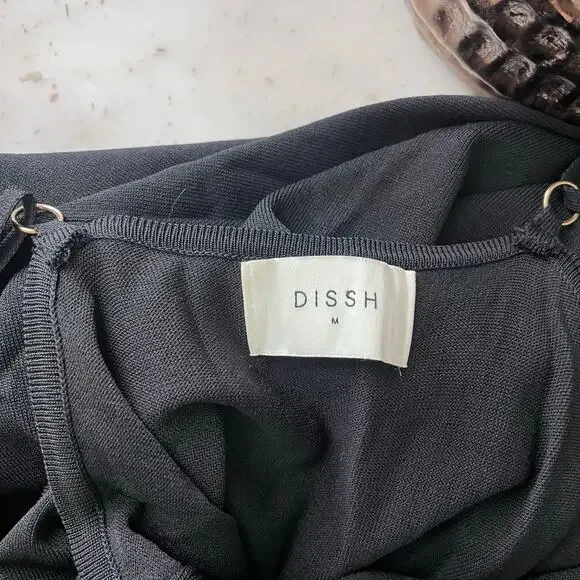 DISSH V Neck Fitted Cami Slip Maxi Dress with Back Slit in Black Semi Sheer - Picture 5 of 7